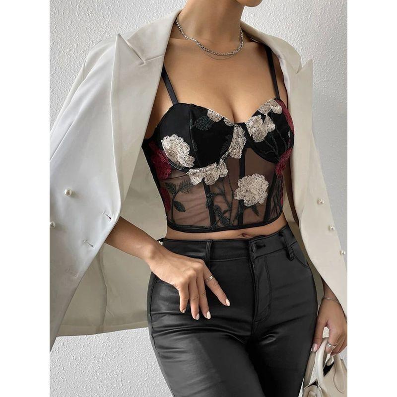 Printed Sleeveless Lace Slim Fit Top Print Sleeveless Lace Silm Sling Tops