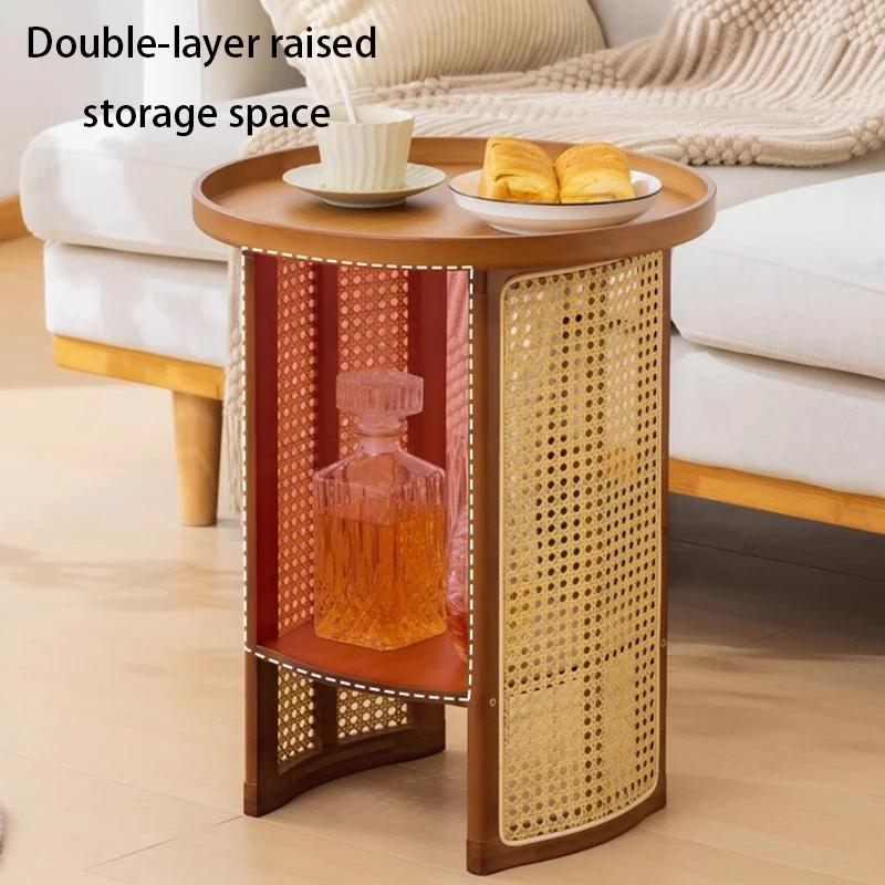Rattan Coffee Table Circular Modern Tea Tables Living Room Storage Shelf Bedside Table Japanese Design Tables Sofas Furniture