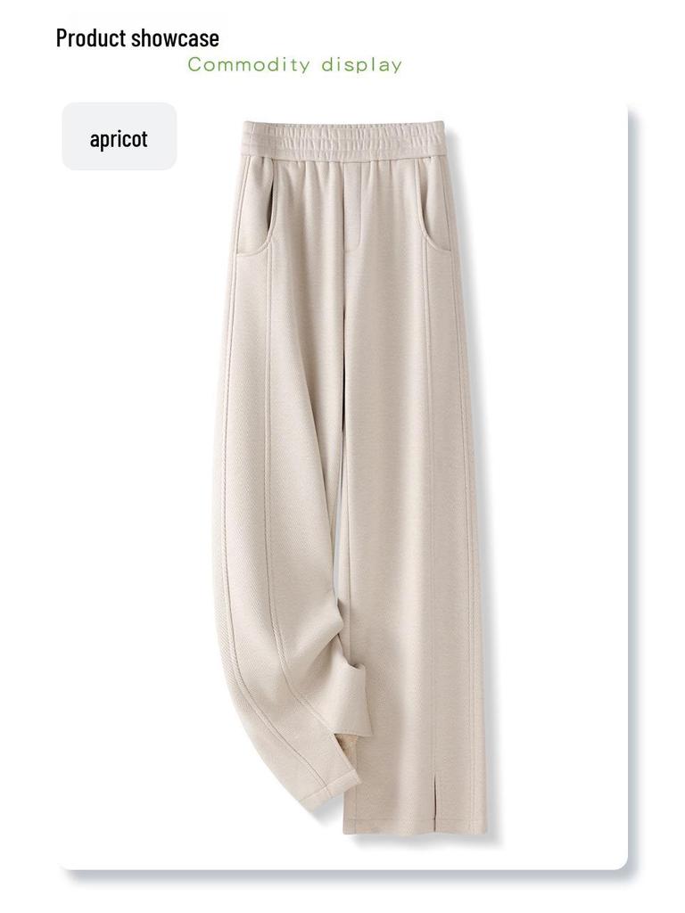 2024 Women's Khaki Wool-Blend Slit Wide-Leg Pants for Autumn/Winter