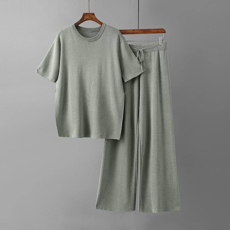 Fashion Knitted Suit Women's Medium and Long Solid Color Loose Split Knitted Sweater + High Waist Lace-up Trousers Two-piece Set
