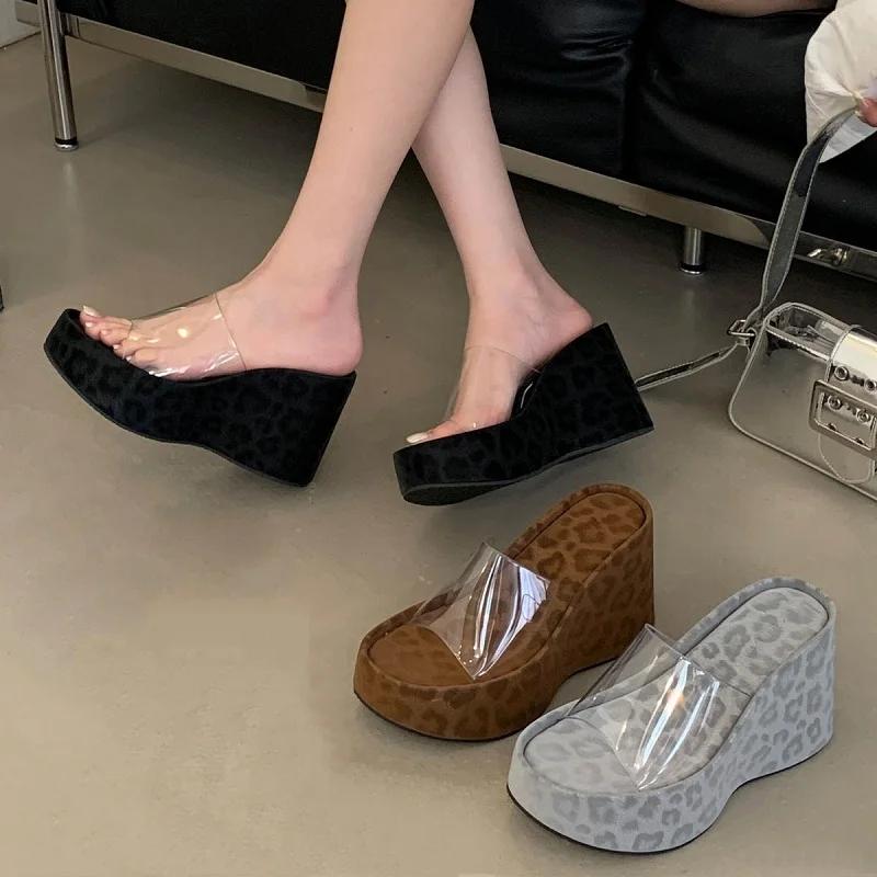 New Design Leopard Print Platform Wedges Women's Slipper Summer PVC Transparen Open Toe High Heels Party Dress Shoes