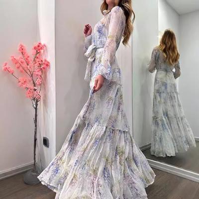 Жіноча шифонова сукня з принтом і довгим квітковим поясом