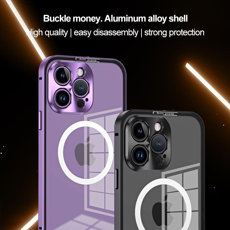 Aluminiumrahmen für kabelloses Laden, Aluminiumrahmen, magnetische Hülle für iPhone 15, 14, 13, 12 Pro Max, Objektivglas, schützende HD-transparente Rückwandplatine