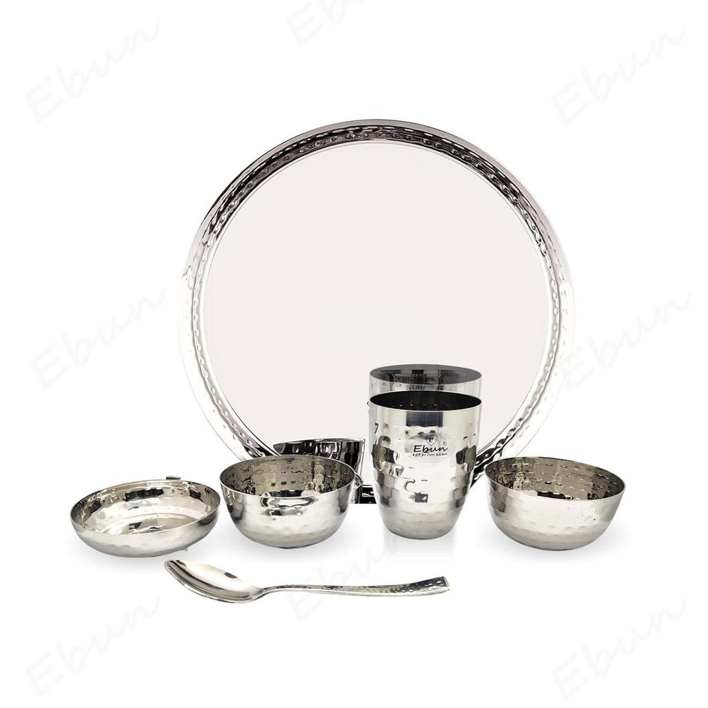 Heavy Gauge Stainless Steel Dinner Set | Hand Hammered Steel Thali Set | Stainless Steel Dinner Set for Kitchen | Thali Set for Dinner