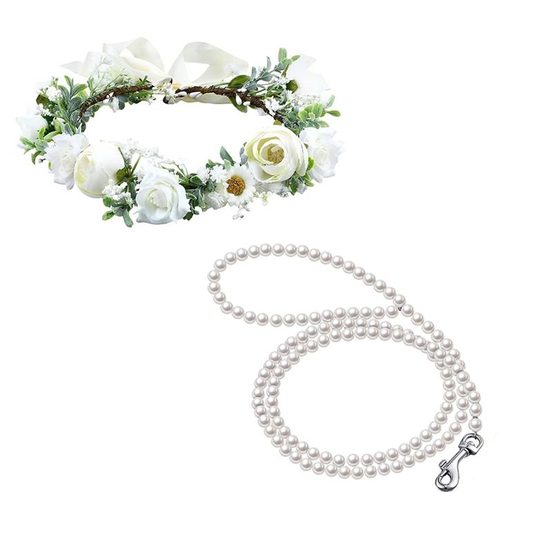 

Adjustable For Dogs Flower Collar For Wedding And Leash Set Pearl Beaded Dog Leash Dog Collar Bows For Wedding