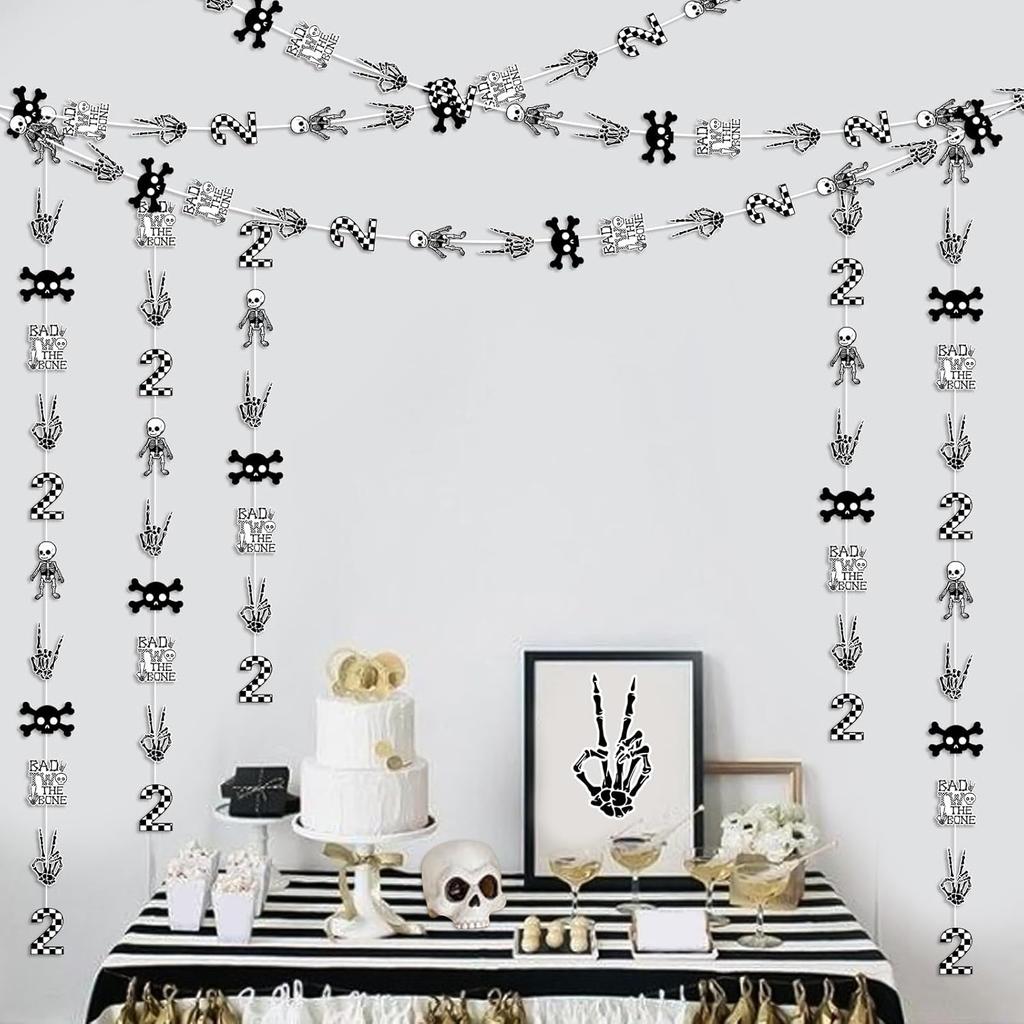 Jollyboom Bad Two The Bone Birthday Decorations Boy, 8pcs Bad 2 The Bone 2nd Birthday Hanging Garland Streamers Bone Skull Second Birthday Streamers
