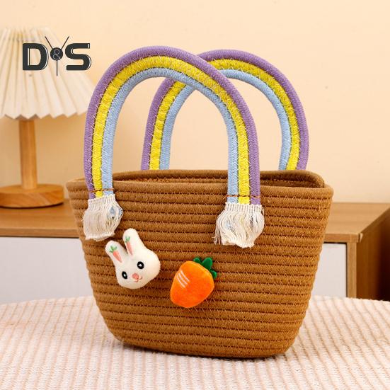 Gewebter Osterkorb mit Griff, gewebter Korb aus Baumwolle für die Eiersuche mit Hase und Karotte, leere Oster-Leckerli-Tasche für Geschenke und Süßigkeiten