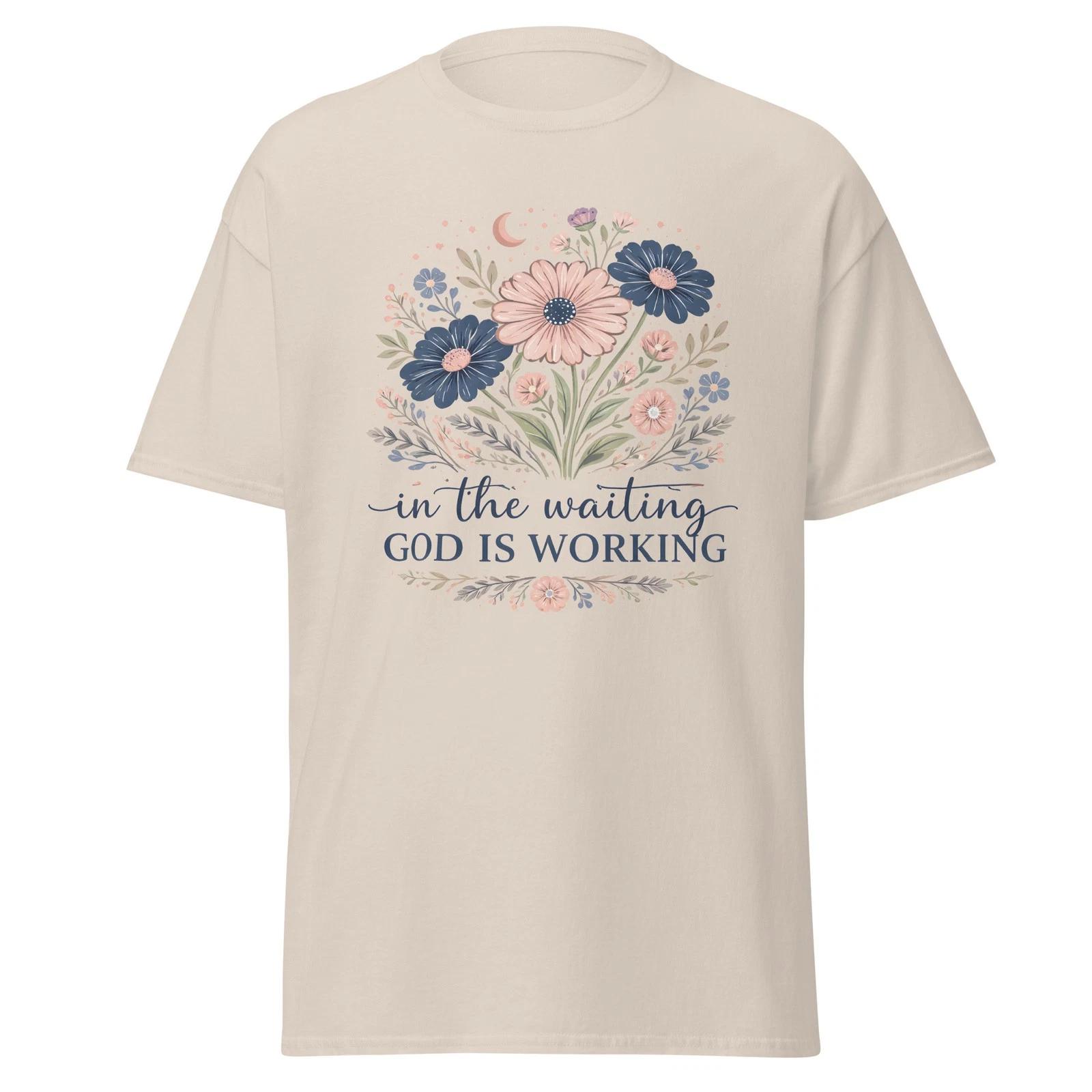 

Catholic Mama T-Shirt In The Waiting God Is Working, Floral Bible Verse Tee. S