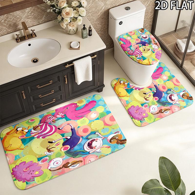 3pcs Adventure Time Pattern Flannel Nonslip Absorbent Washable Decorative Bathroom Home Toilet Seat Cover Mat