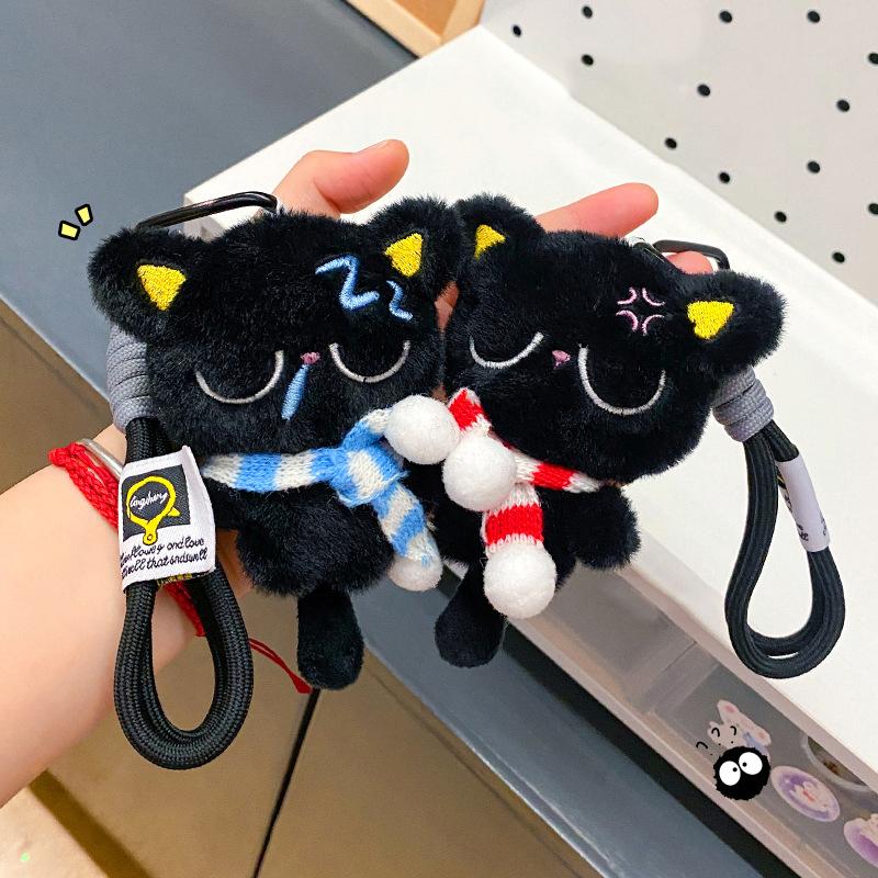 Brand Sleepy Black Cat Plush Keychain Black Cat Bag Pendant Striped Scarf Stuffed Doll Bag Pendant Soft Car Keychain Gift