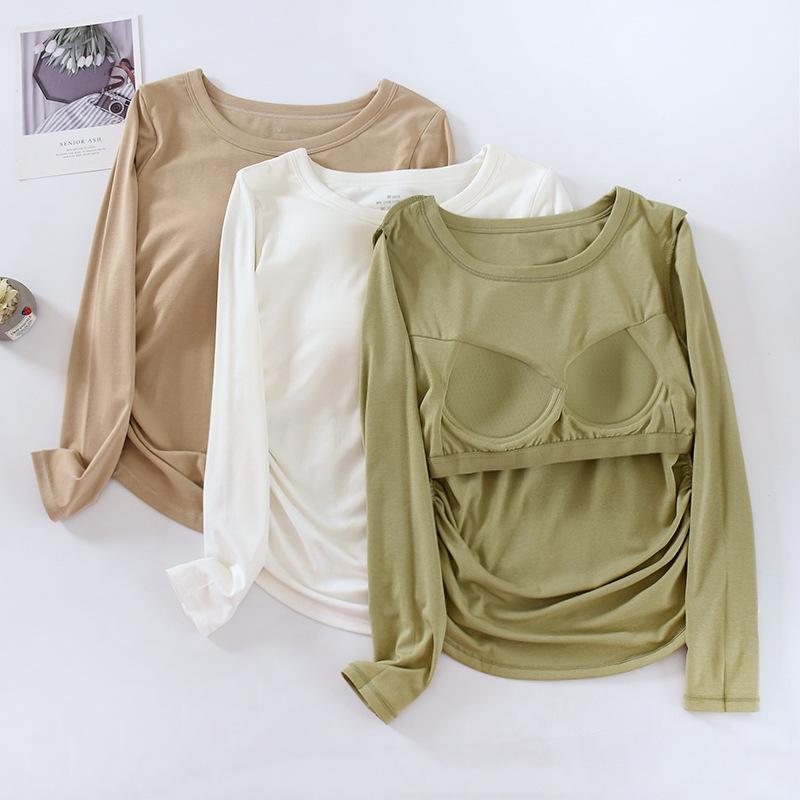 Chest-Padded Slim Fit Women's Top: Round Neck, Long Sleeve, Fishtail Hem, No Bra Needed, Autumn/Winter Style.