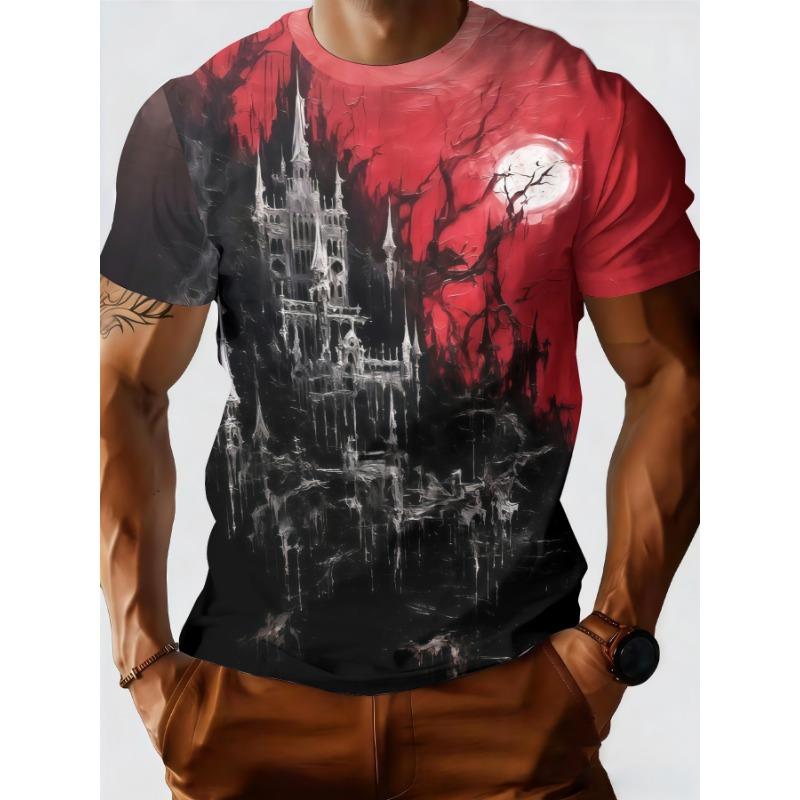 

Men s Summer Style O-neck Blood Moon Castle Pattern 3D Print Half-sleeved Breathable Short-sleeved Personalized Daily Shirt L
