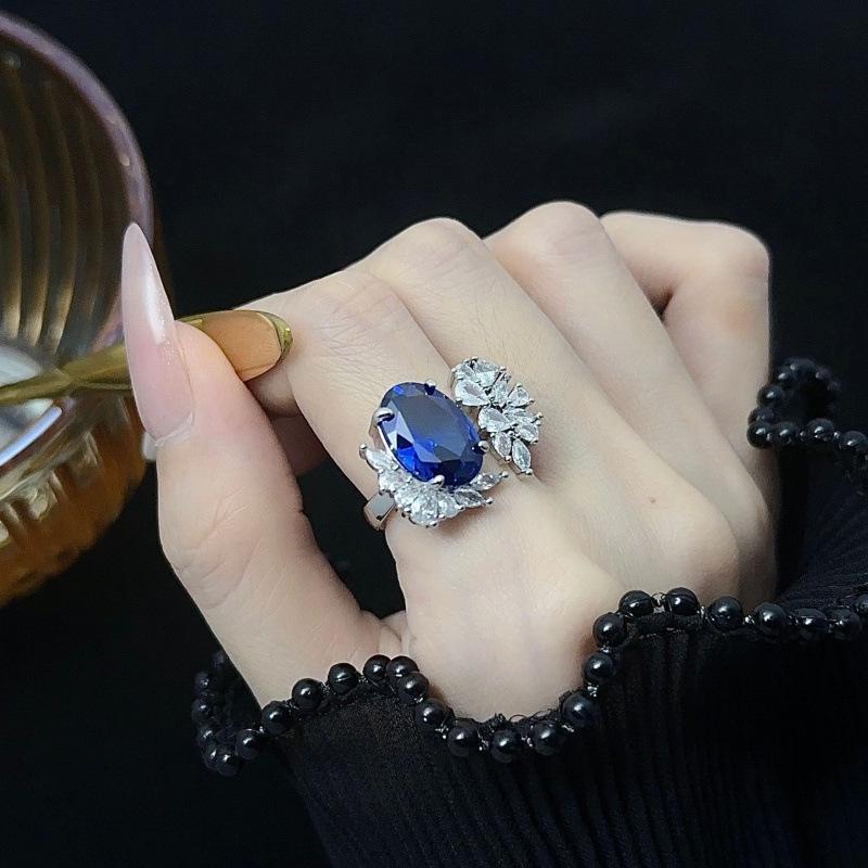 2024 Elegant Blue Sapphire Flower Ring: Women s Adjustable Full Diamond Design Open Adjustable