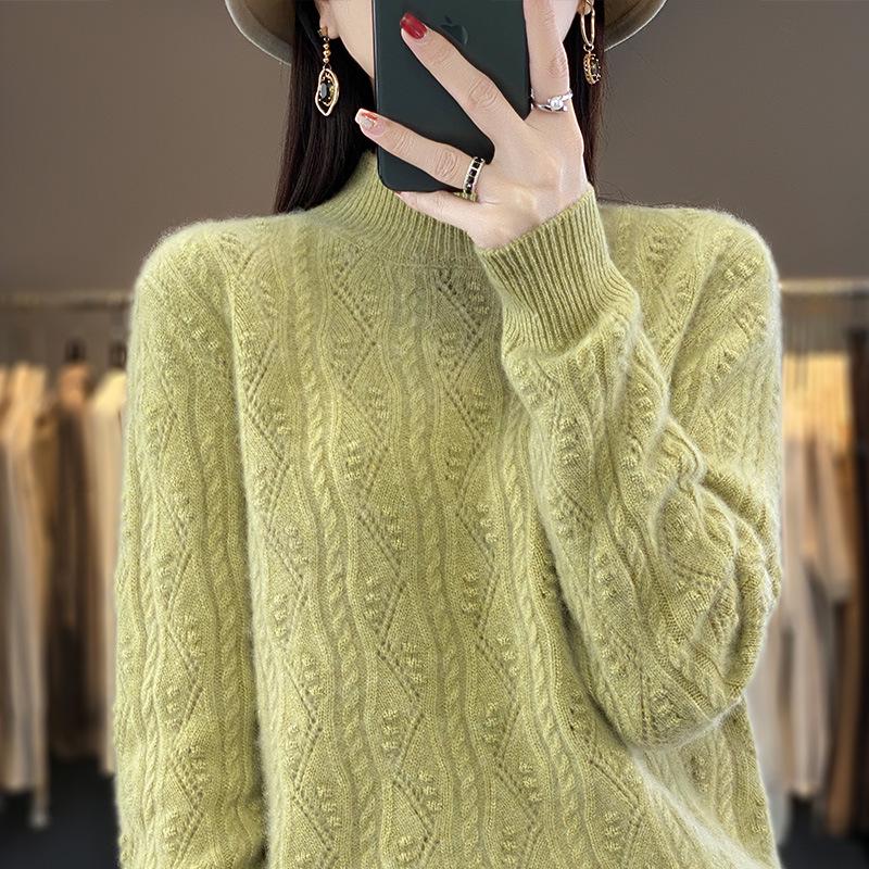 Premium Women's Thick Cable Knit Cashmere Mock Neck Sweater