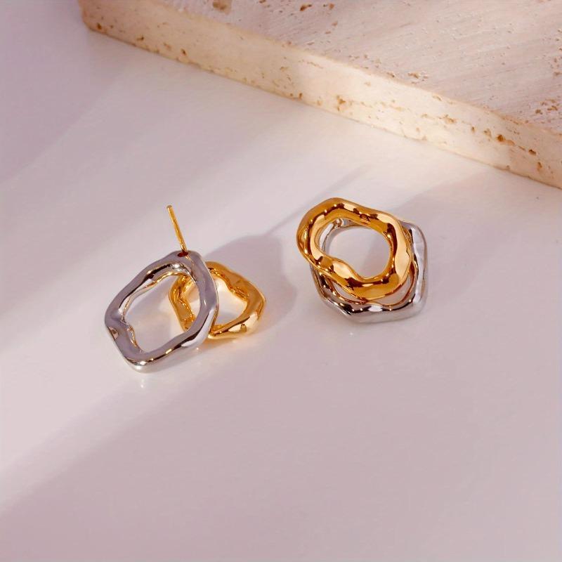 1PAIR Double Layer Irregular Geometric Pattern Copper Earrings, Uneven Surface Fashion Gold and Silver Jewelry Gift