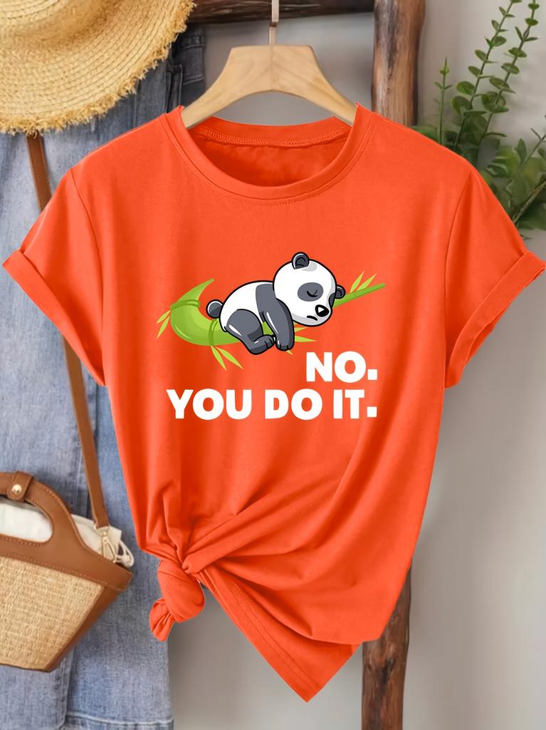 Ladies Summer Clothing Lazy Panda No You Do It Fun Printed Round Neck Tshirt Fashionable Vacation Daily Fashion Retro Top