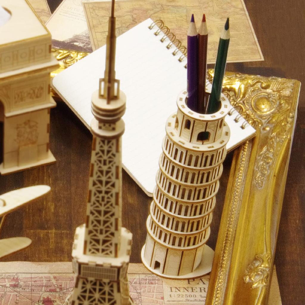Leaning Tower of Pisa Pencil Case Wooden 3D Puzzle DIY Craft Kit That Can Be Enjoyed by Everyone from Elementary School Students To Adults Educational