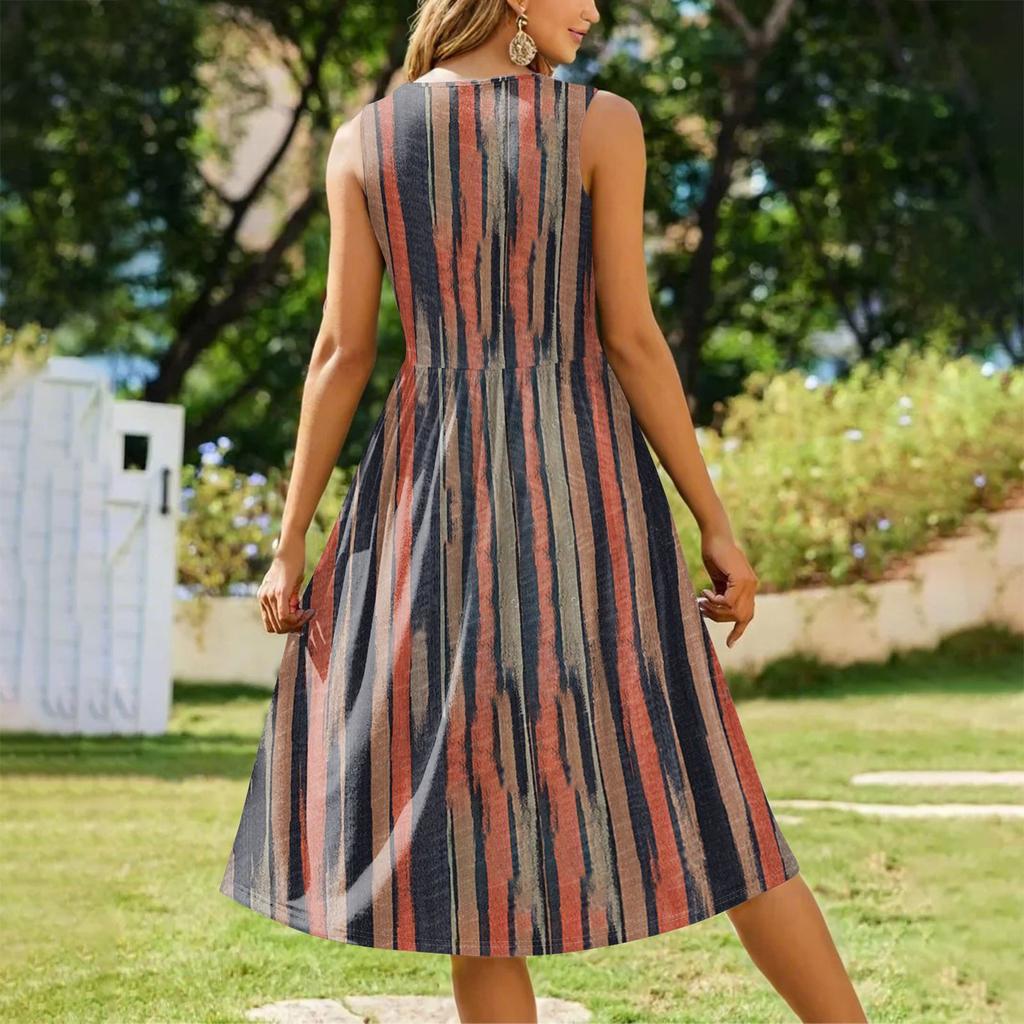 Women's Fashionable Printed Round Neck Sleeveless Casual Pullover Pocket Mid Length Dress