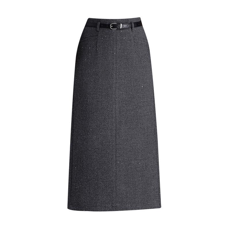 Chic High-Waisted Wool Blend Slit Skirt – 2026 Autumn/Winter Elegant Korean Style