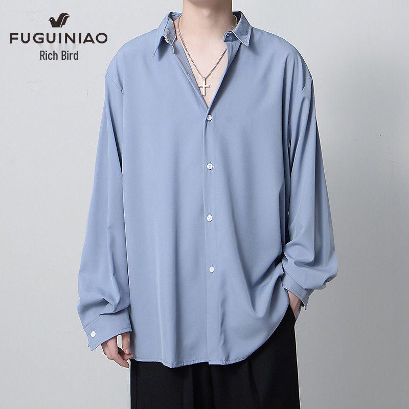 

Мужская рубашка из ледяного шелка, корейского свободного кроя, белая, с длинным рукавом S (80-95 lbs) синий