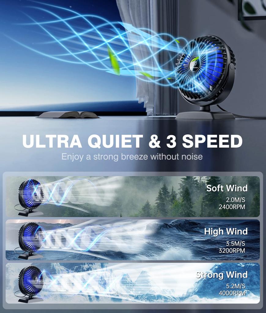 JZCreater Quiet USB Desk Fan with Angle 3 Speed USB Mini Heatstroke Suitable for and Car 360° Adjustment, Settings, Ultra-Low Noise, Powered,