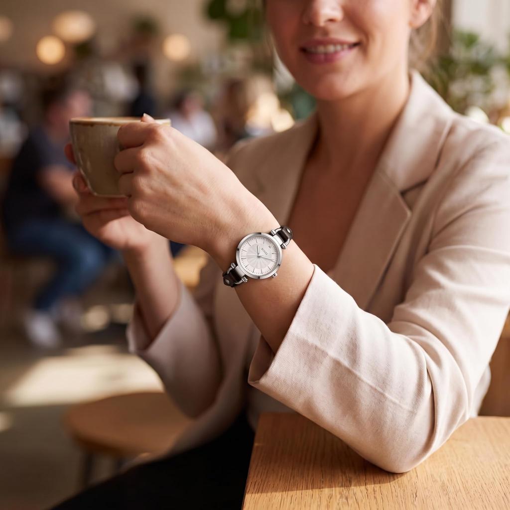 BUREI Japanese Quartz Black Leather Strap Women's Watch, Silver, Movement, Waterproof, Simple, Stylish, Slim,