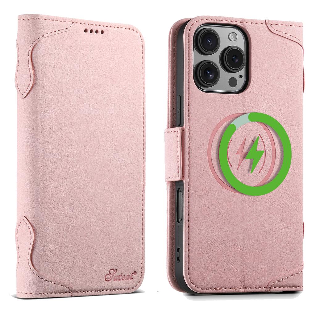 SUTENI J07 For iPhone 16 Pro Max Case Compatible with MagSafe Litchi Texture Leather Wallet Phone Cover