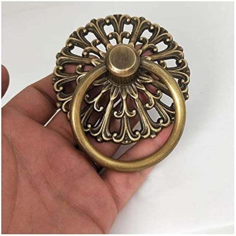 Antique Drawer Swing Drop Ring Pull,Copper Cup Knobs Handles,2Pcs Brass Hollow Pattern Pulls Handle Wardrobe Drawer Vintage Furniture Hardware Pull