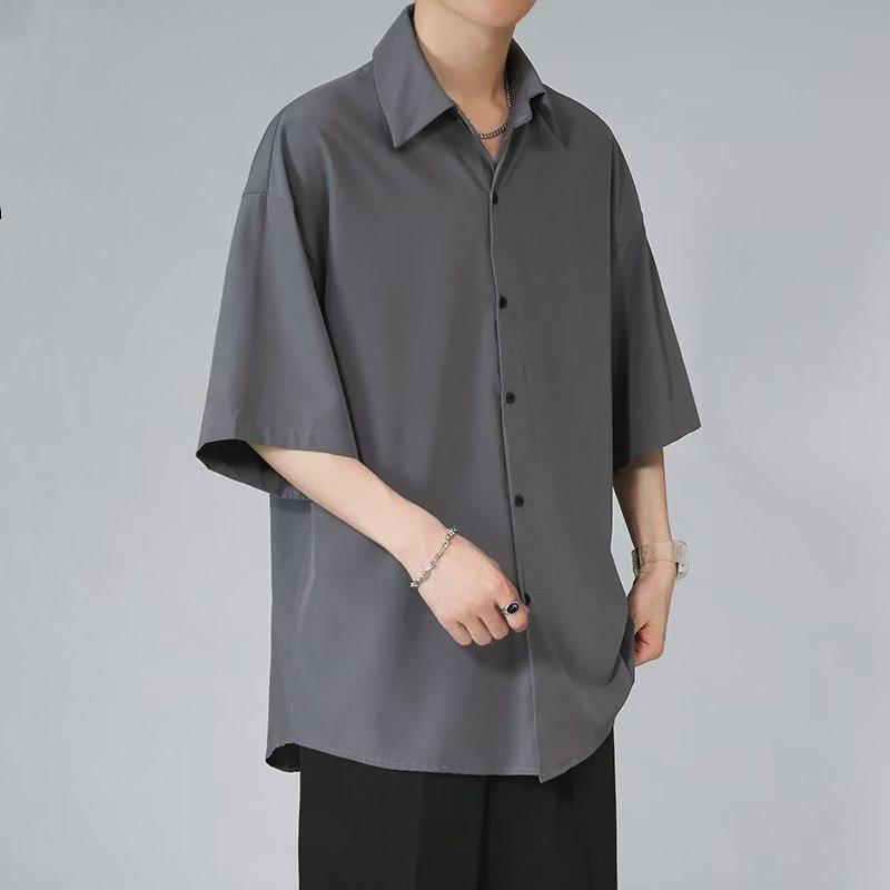 Pánská letní japonská ležérní košile volného střihu jednobarevná s klopami