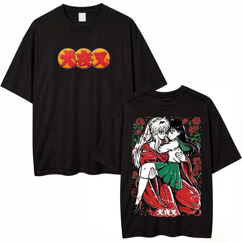 2026 Summer Inuyasha Oversized T-shirt, Inuyasha & Kagome Couple Print with Roses & Logo Casual Streetwear Tee For Men Women