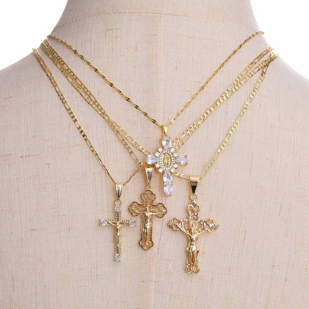Vnox Gold Plated Pendant Necklaces For Women Stainless Steel Hollow Jesus Cross Necklaces Classic Design Christain Jewelry Gift