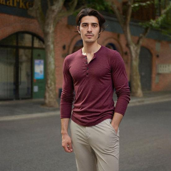 

Men Buttons Color Half Placket Long T-shirt Loose Fit Pullover Tops S вина червоного кольору