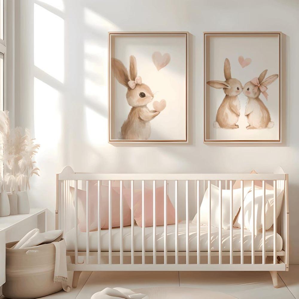 Frameless Rabbit Poster,Girl Pink Beige Decor,Heart Decoration Rabbit Picture,Animal Digital Download,Living Room Bedroom Decor