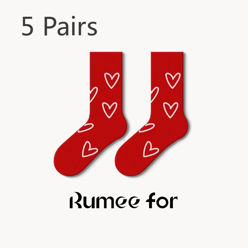 5 Pairs of Female Spring and Autumn Love Embroidery New Year Red Stockings