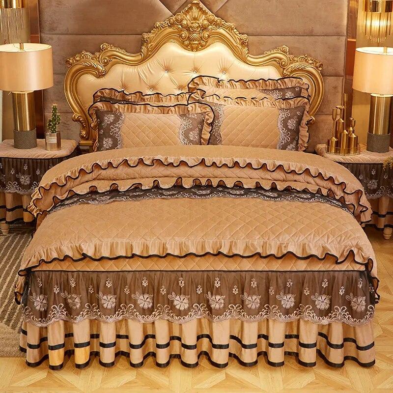

Роскошный кружевной бархатный пододеяльник с кристаллами, комплект постельного белья King Queen, 4 шт., стеганая юбка с рюшами, эластичные мягкие две наволочки 2x2.2m-79x87inch bed