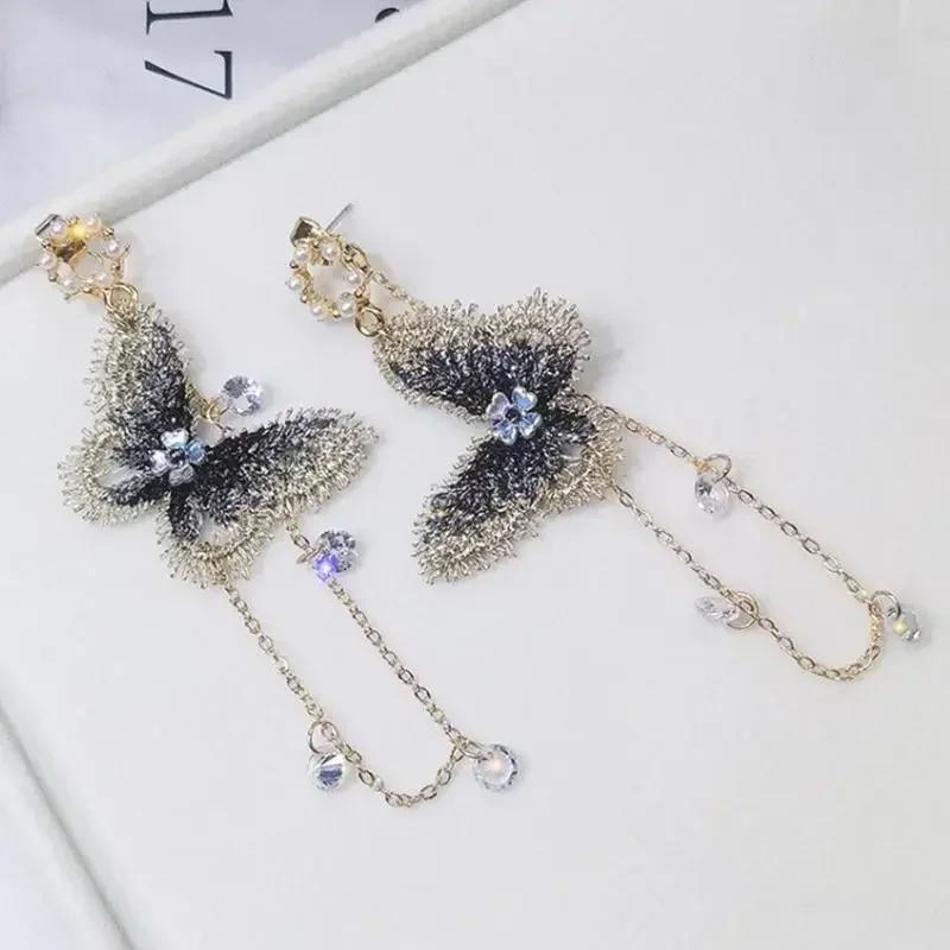 1 Pair 925 Silver Needle Embroidered Butterfly Earrings Simple Versatile Fashionable Long Tassel Pearl Earrings