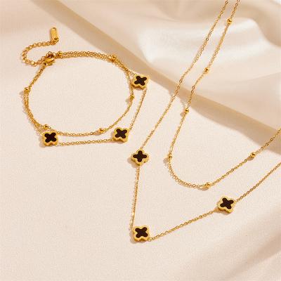 2PCS Fashion Titanium Steel Clover Double Layer Bracelet Necklace Set