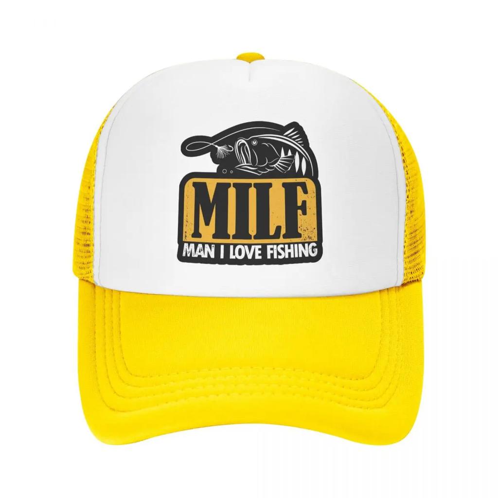 Individuelle Milf Unisex Ich Liebe Angeln Trucker-Kappe für Erwachsene Fischer Unisex Fisch Geschenk Verstellbare Baseballkappe Damen Unisex Hip Hop Trucker-Kappe