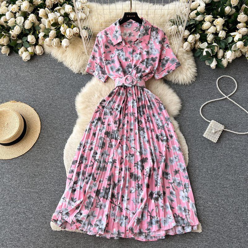 

Summer New French Style Temperament Lightly Mature Lapel Short Sleeve Print Western Style Waist-Slimming Slim Looking Pleated Chiffon Dress Pink All yards
