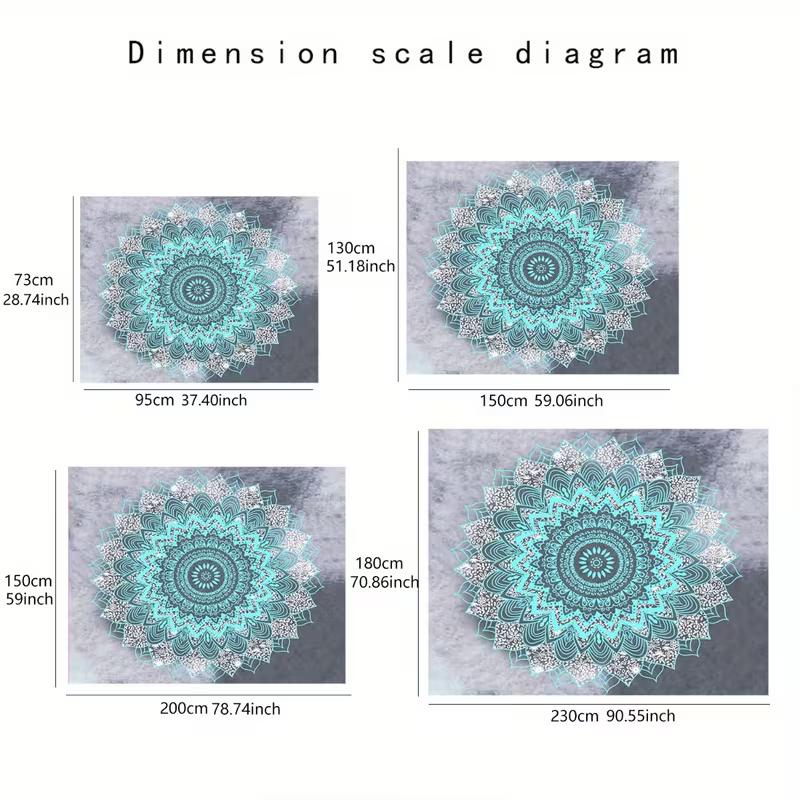 2D Aesthetic Mandala Tapestry, Grey Tie Dye & Turquoise Floral Background Cloth