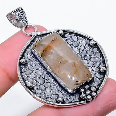 Natural Golden Rutile Gemstone 925 Sterling Silver Gift Pendant 1.97" H8t90