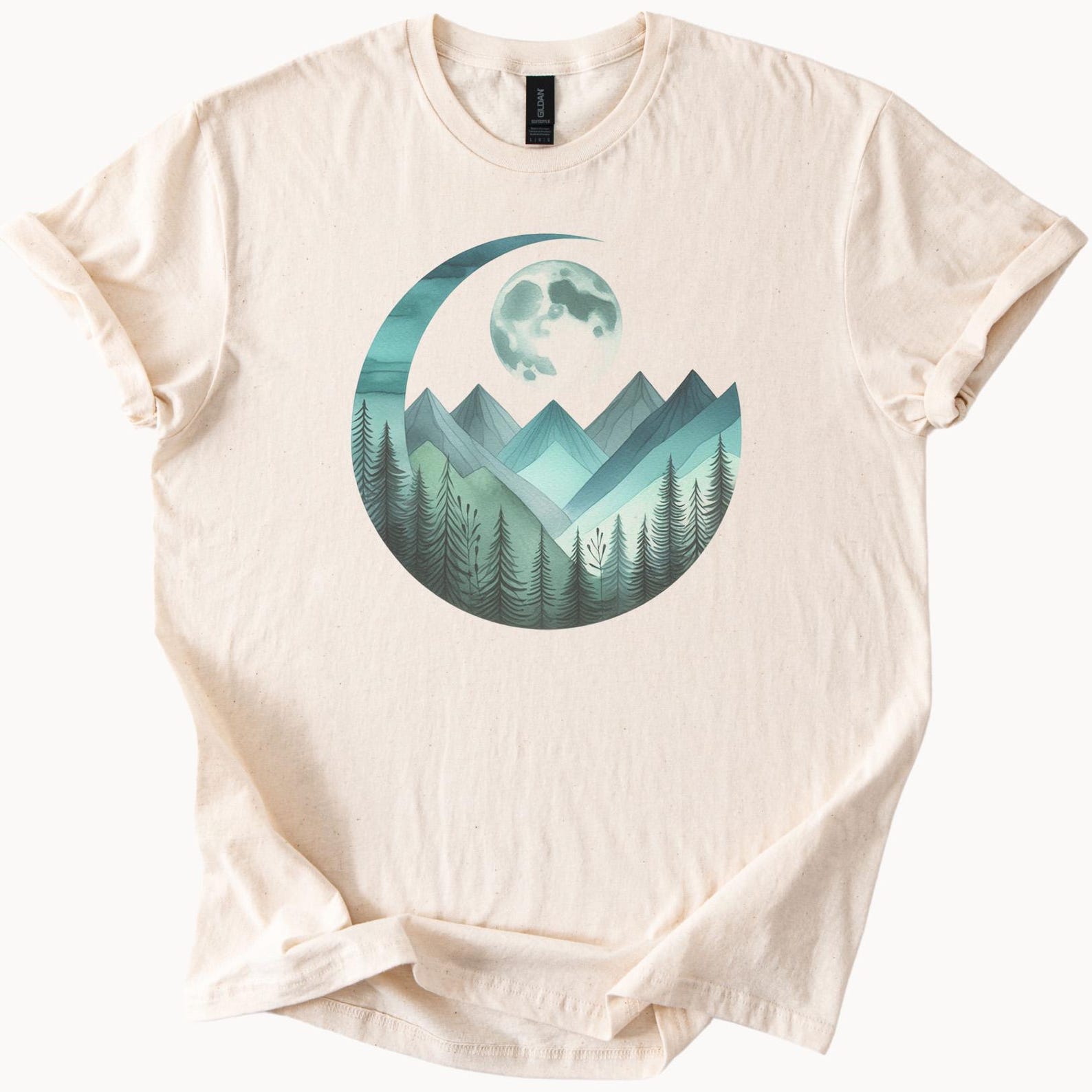 Mountain Moon Forest Graphic T Shirt Nature Landscape Tee Hiking Camping Adventure Outdoor Shirt Celestial Night Sky Art Apparel 130