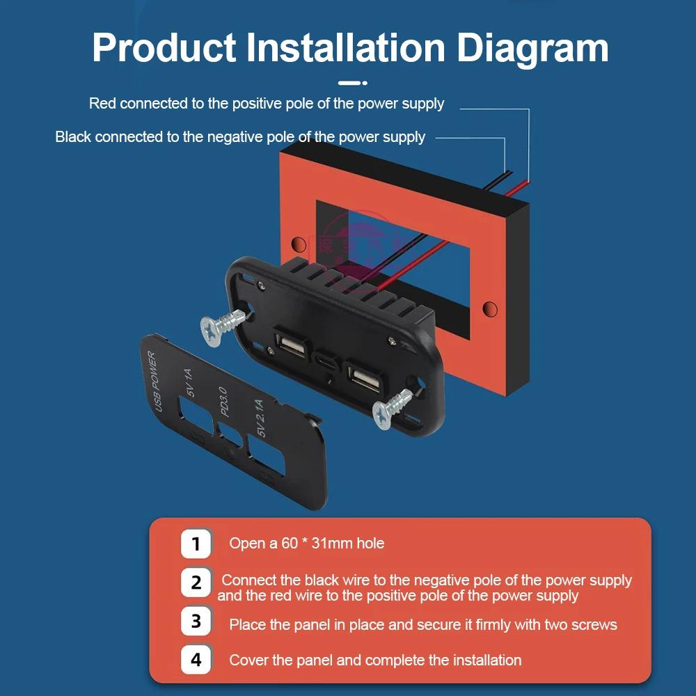 35.5W 3 Port PD Type-C 2.1A 1A Dual USB Car Charger Socket for Motorcycle Auto Truck ATV Boat RV Bus Power Adapter Outlet 12/24V