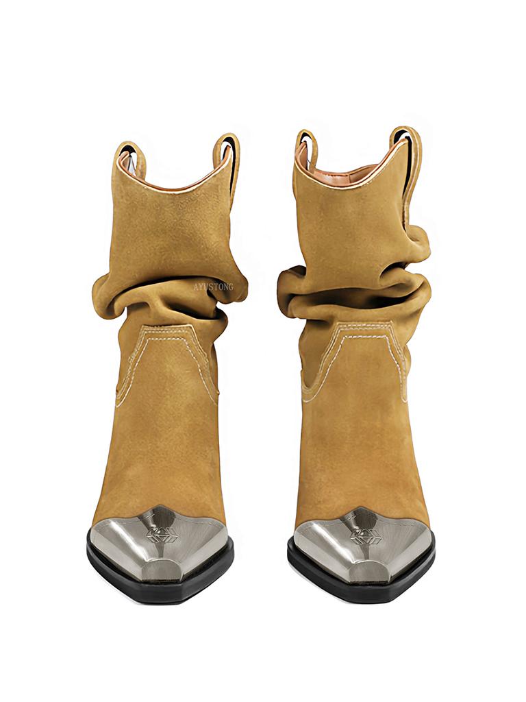 Pointed Pleated Thick Heel Western Boots 2025 Autumn New Elegant Women's Party Short Boots Street Casual Chelsea Boots