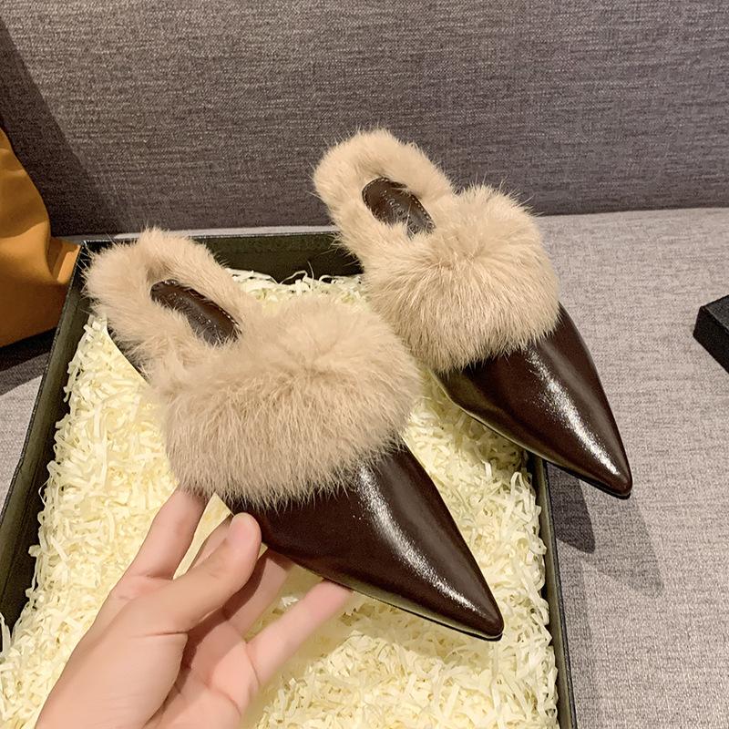 Pointed Head Flat Bottom Bag Head Slippers Women's Shoes Rabbit Fur Plush Warm Fashion Outdoor Fluff Drag High-end Leather Surface Europe and America
