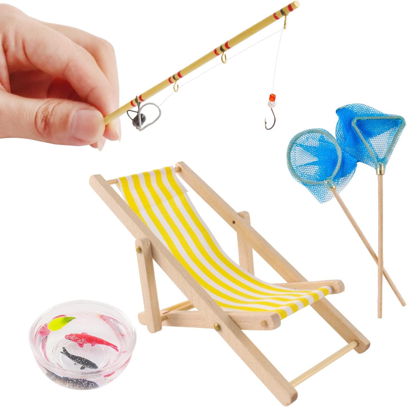 5 Pieces Miniature Fishing Rod Life Scene Christmas Elf Fishing Accessories Fishing Cake Decoration Fish Cake Topper Fish Bowl Gone Fishing Net