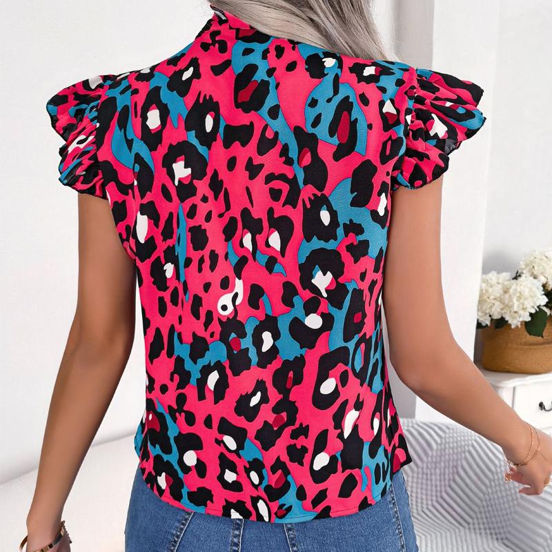 Summer Sleeveless Shirt Casual Fashion Leopard Print Blouse Sweet Lace-up Bow Collar Chiffon Tops Women Loose Clothes 28622