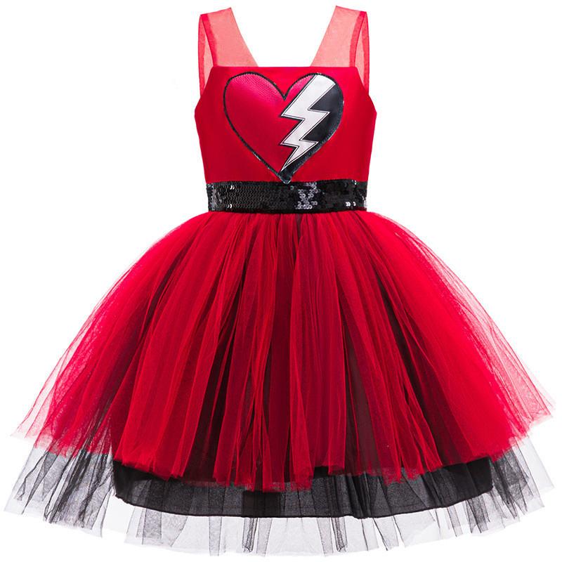 Kids Girls Heart Printed Sleeveless Mesh Tutu Dress Role Play Outfit Halloween Cosplay Costume
