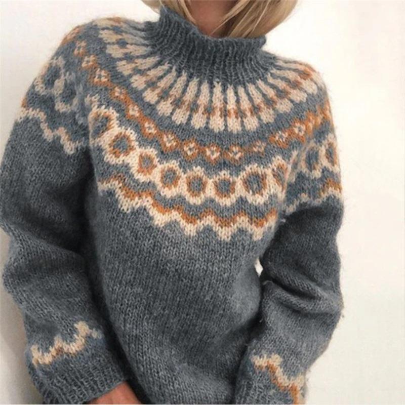 Maglione da donna a collo alto con motivo Fair Isle, lavorazione grossa, jacquard etnico vintage, manica lunga, caldo pullover