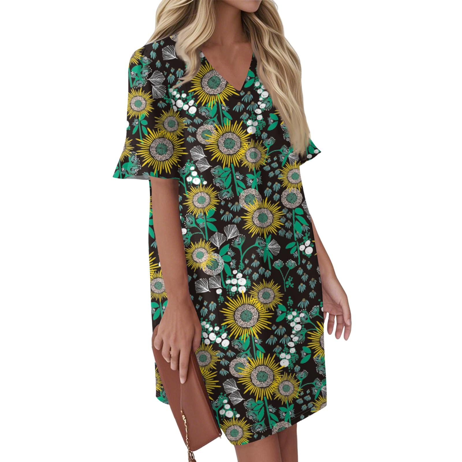 

Женское летнее винтажное платье с цветным лоскутным принтом, плиссированное, с коротким рукавом, V-образным вырезом и карманом-завязкой M